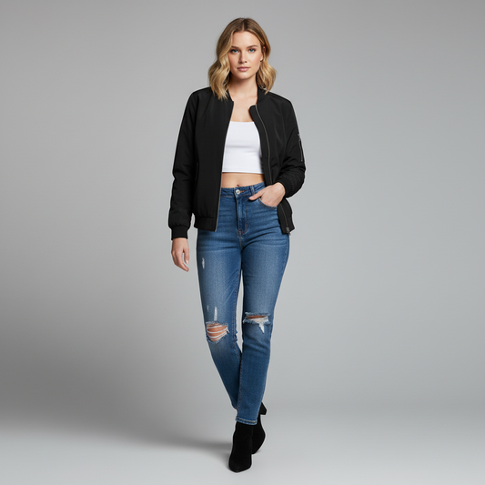 Women's Short Bomber Jacket | Casual Slim Fit Zipper Style